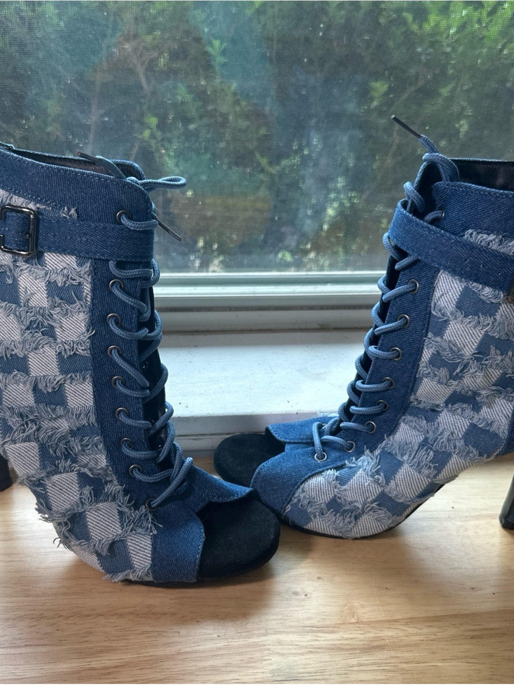 Blue distressed frayed Denim Checkerboard Lace-Up Peep-Toe Ankle Heels boots